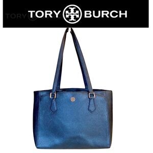 TORCH BURCH Small Robinson Black Saffiano Leather Tote Bag, GUC